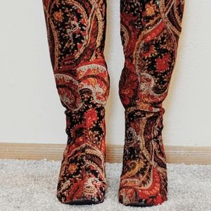 Diba Red, Gold, Black Healed Knee High Boots 8M